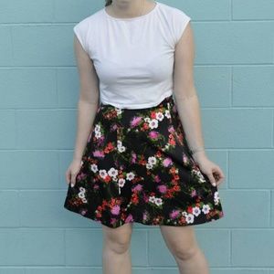 Black floral mini skirt, 70s handmade black skirt pink floral